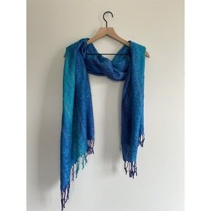 Women's Blue Animal Print Pashmire Scarf with Fringe and Metallic Thread Detail